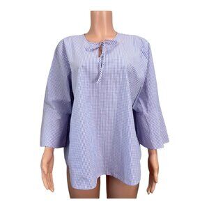 VAN HEUSEN Women SZ XXL Blue/Pink Gingham Print Basic Top Blouse Bell Sleeve